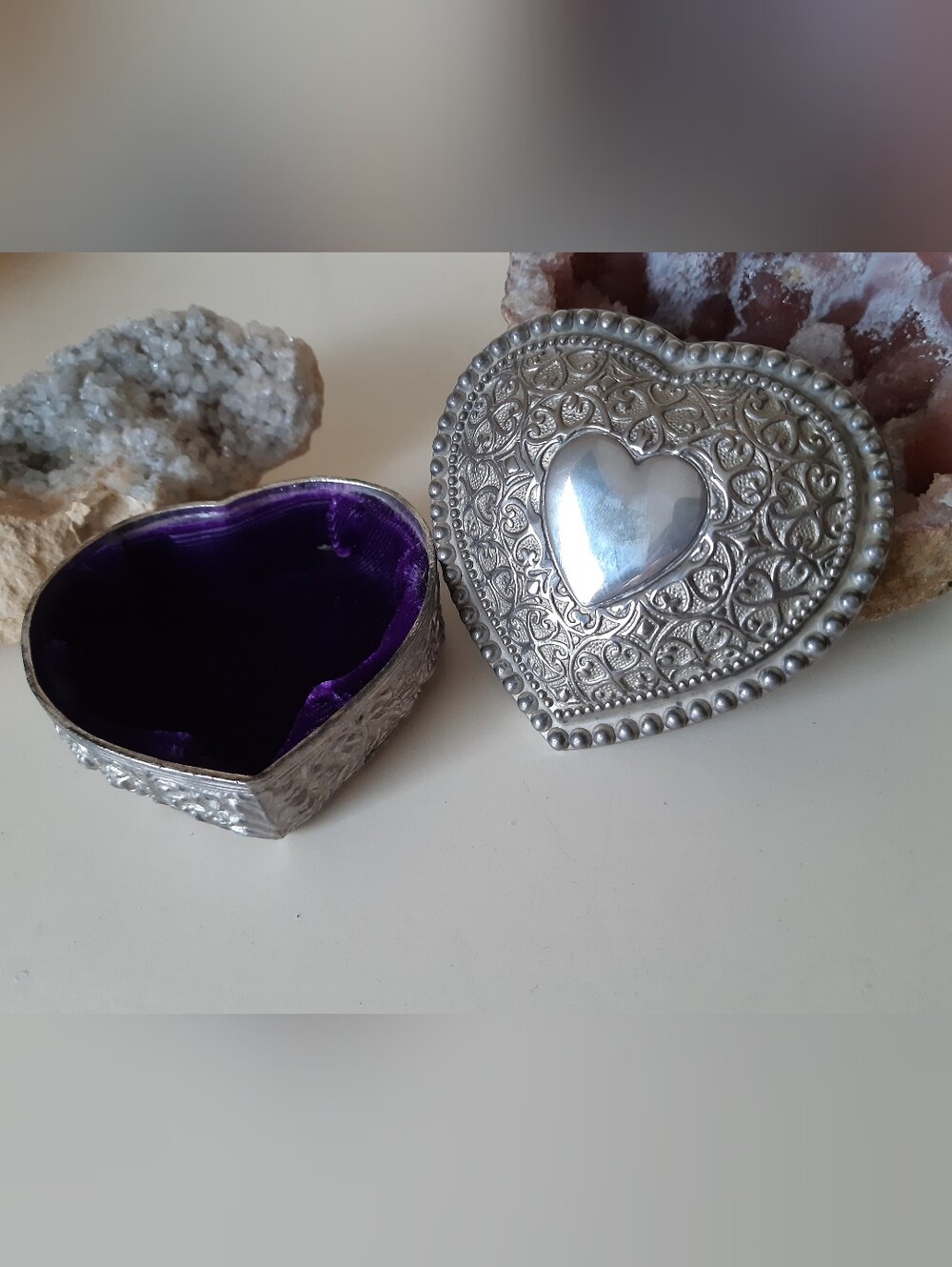 Heart-Shaped Silver Plated Trinket Box with Purple Velvet Lining
